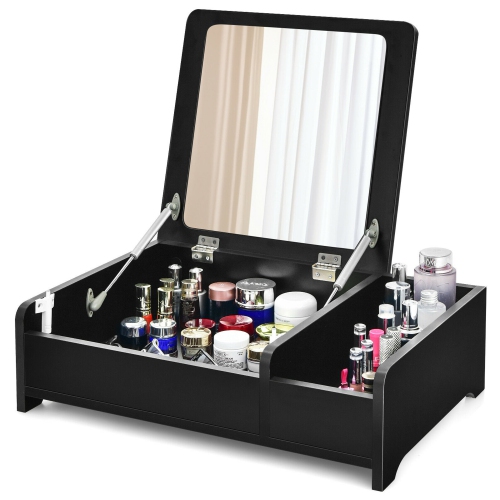 GYMAX  2-In-1 Vanity Dresser W/ Flip-Top Mirror Tabletop Storage Box Makeup Laptop In Black