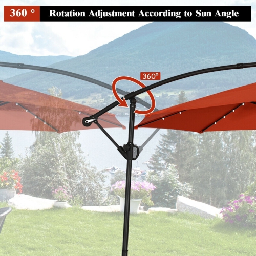 10 ft 360° Rotation Solar Powered LED Patio Offset Umbrella without Weight Base-Orange