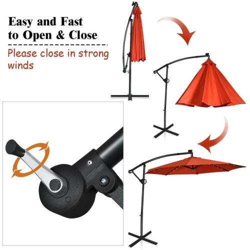 10 ft 360° Rotation Solar Powered LED Patio Offset Umbrella without Weight Base-Orange