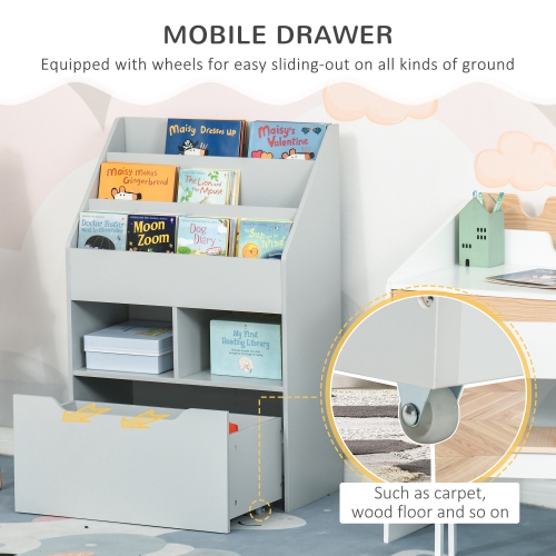 HOMCOM Bibliothèque pour enfants avec tiroir de rangement pour les livres dans la chambre ou la salle de jeux, gris