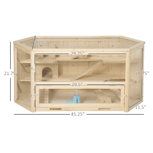 PawHut Wooden Large Hamster Cage Mouse Rats Small Animal Exercise Play House 3 Tier with Tray, Seesaws, Water Bottle, Activity Center