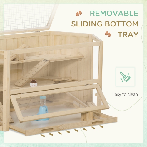 PawHut Wooden Large Hamster Cage Mouse Rats Small Animal Exercise Play House 3 Tier with Tray, Seesaws, Water Bottle, Activity Center
