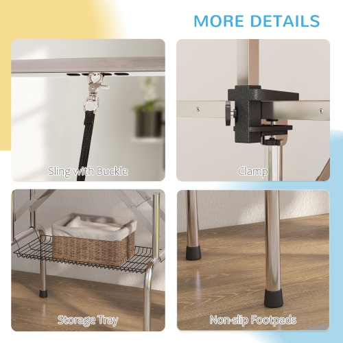 PawHut 43"L Dog Grooming Table, Pet Foldable Grooming Table with 8"- 32" Adjustable Arm, Two Nooses, Mesh Tray and Rubber Top for Large Medium Small