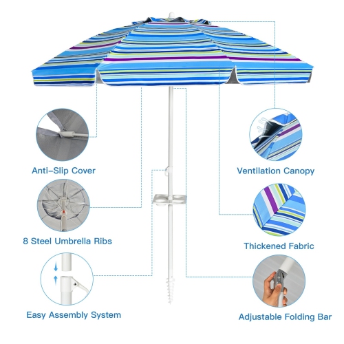 Parasol de plage portatif de 7.2 pi avec ancre de sable et mécanisme d'inclinaison pour piscine et jardin-bleu