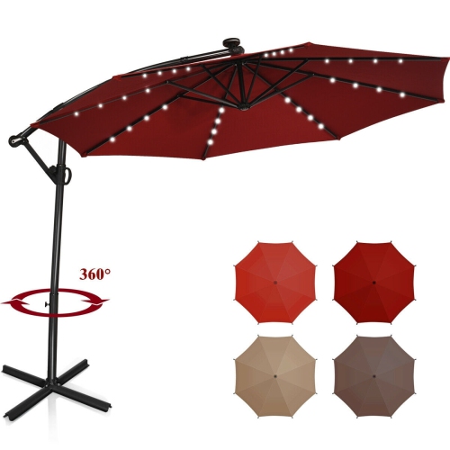 10 ft 360° Rotation Solar Powered LED Patio Offset Umbrella without Weight Base-Burgundy