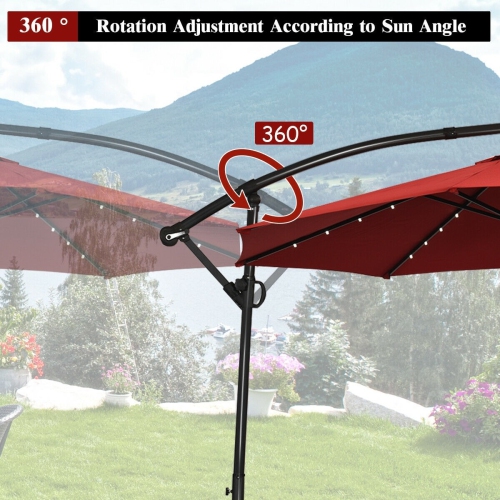 10 ft 360° Rotation Solar Powered LED Patio Offset Umbrella without Weight Base-Burgundy