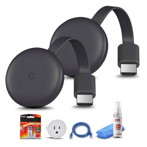 (2) Google Chromecast Streamer + Smart Plug + Cat5 Cable + Batteries Bundle