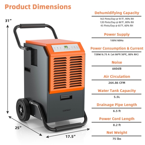 Costway 163 PPD Portable Commercial Dehumidifier w/Water Tank&Drainage Pipe for Basement
