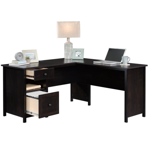 Pemberly Row Wooden L Shaped Computer Desk in Estate Black