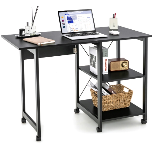 COSTWAY  Rolling Computer Desk Folding Writing Office Desk Storage Shelves In Black