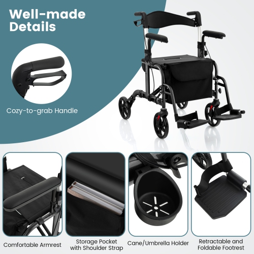 Goplus Folding Rollator Walker w/Seat & 8" Wheels Supports up to 300 lbs