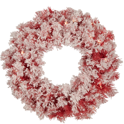 NORTHLIGHT  Pre-Lit Flocked Artificial Christmas Wreath - 24" - - Clear Lights In Red