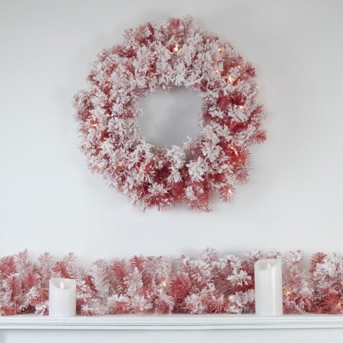 Pre-Lit Flocked Artificial Christmas Wreath - 36" - Red - Clear Lights