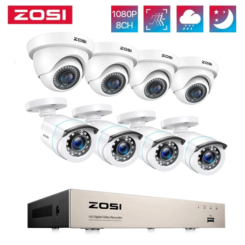 ZOSI  H.265+ 1080P Home Security Camera System, 5Mp Lite 8Ch Dvr Recorder And 8 X 1080P Wired Bullet Dome Camera Outdoor Indoor w Remote Access