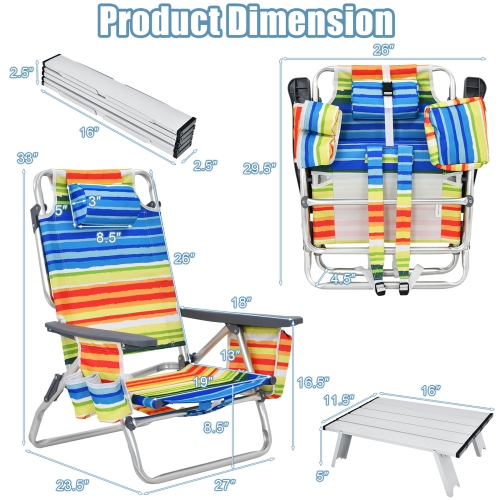 Gymax 3PCS Folding Beach Chair and Table Set Outdoor Adjustable Reclining Chair