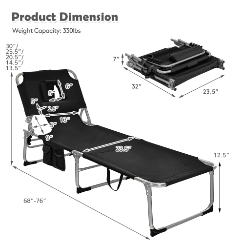 Gymax Portable Beach Chaise Lounge Chair Folding Reclining Chair w/ Facing Hole