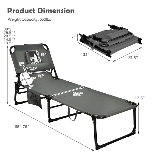 Gymax Portable Beach Chaise Lounge Chair Folding Reclining Chair w/ Facing Hole
