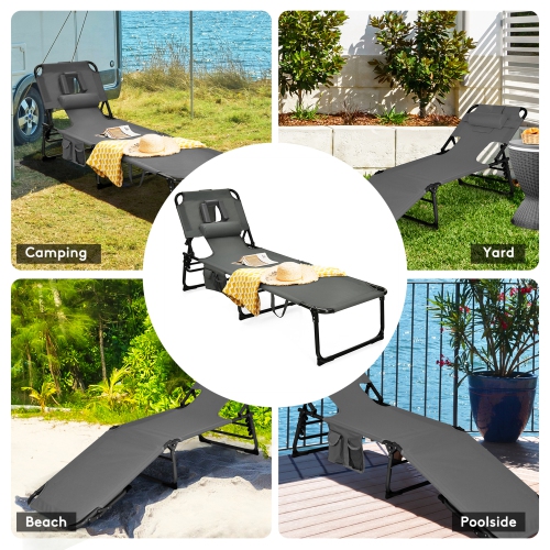 Gymax Portable Beach Chaise Lounge Chair Folding Reclining Chair w/ Facing Hole