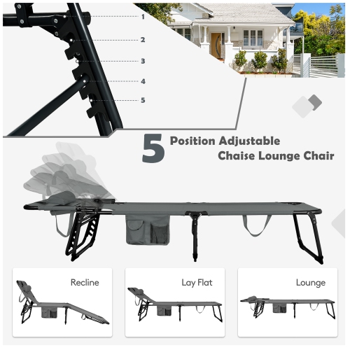 Gymax Portable Beach Chaise Lounge Chair Folding Reclining Chair w/ Facing Hole