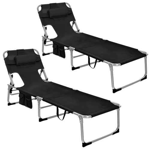 Gymax Set of 2 Beach Chaise Lounge Chair Folding Reclining Chair w/ Facing Hole