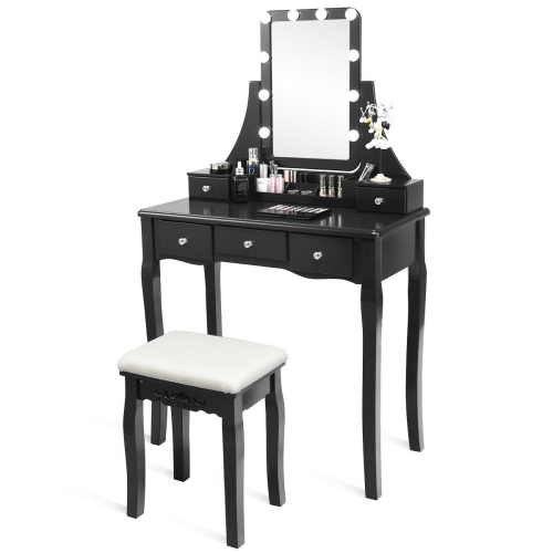 GYMAX  Vanity Dressing Table Set W/removable Box &10 Dimmable Bulbs Touch Switch In Black