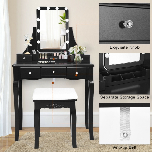 Gymax Vanity Dressing Table Set w/Removable Box &10 Dimmable Bulbs Touch Switch Black