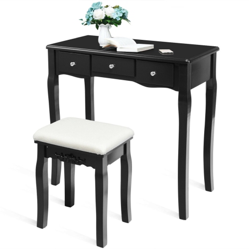 Gymax Vanity Dressing Table Set w/Removable Box &10 Dimmable Bulbs Touch Switch Black