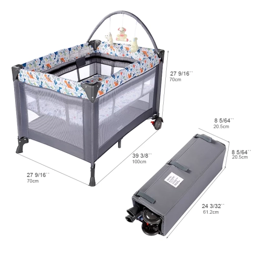 Parc bébé portable gris, parc de jeu robuste avec berceau amovible et  station à langer