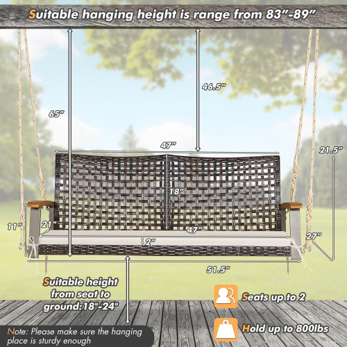Costway 2-Person Patio Rattan Hanging Swing Chair Porch Loveseat Cushion