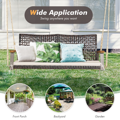 Costway 2-Person Patio Rattan Hanging Swing Chair Porch Loveseat Cushion