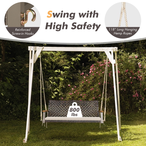 Costway 2-Person Patio Rattan Hanging Swing Chair Porch Loveseat Cushion
