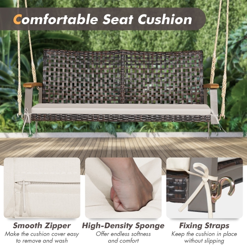 Costway 2-Person Patio Rattan Hanging Swing Chair Porch Loveseat Cushion