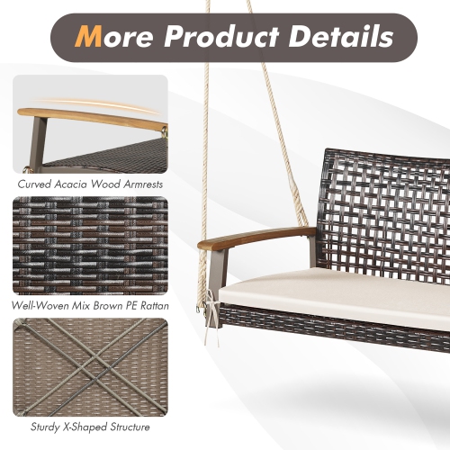 Costway 2-Person Patio Rattan Hanging Swing Chair Porch Loveseat Cushion