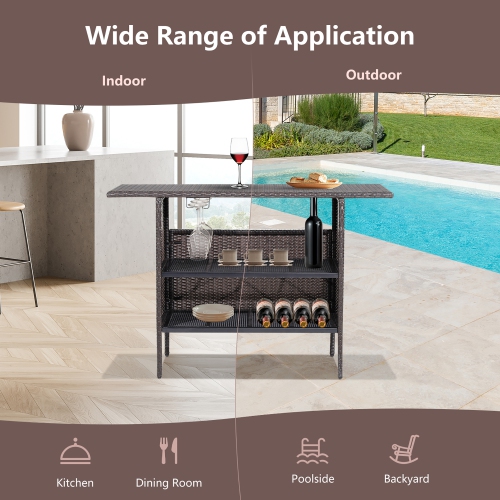 Costway Patio Rattan Wicker Bar Height Counter Table Storage Shelf Rail Garden