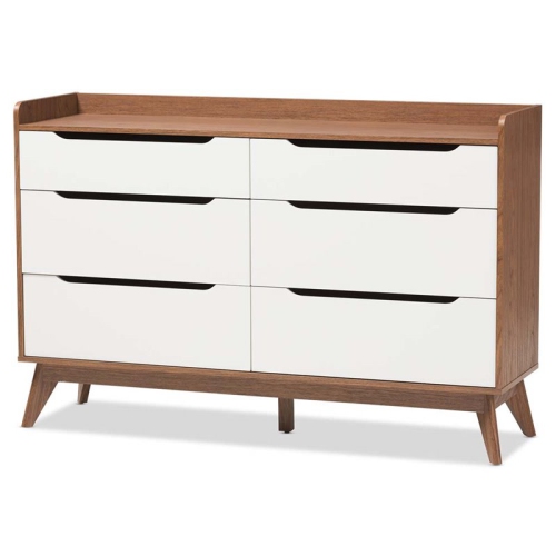 BOWERY HILL  Mid-Century 6 Drawer Double Dresser In And Walnut In White