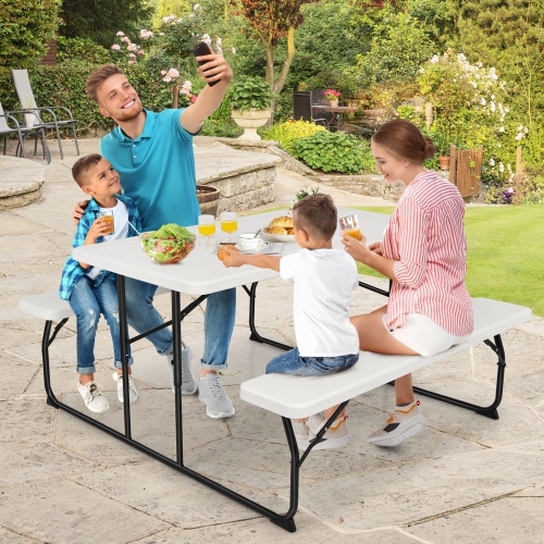 Gymax Folding Picnic Table & Bench Set for Camping BBQ w/ Steel Frame