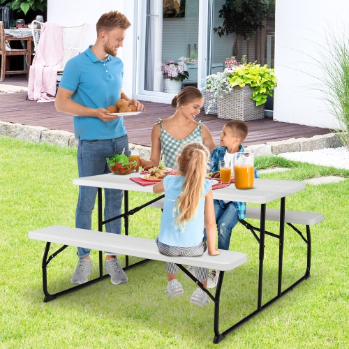 Gymax Folding Picnic Table & Bench Set for Camping BBQ w/ Steel Frame