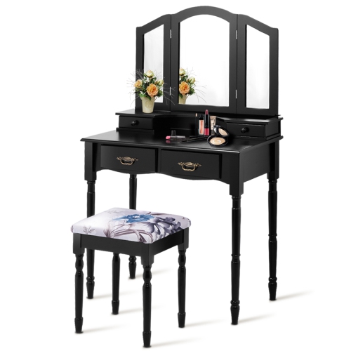 GYMAX  Vanity Makeup Dressing Table Stool Set W/ Folding Mirror 4 Drawers In Black