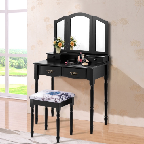 Gymax Vanity Makeup Dressing Table Stool Set w/ Folding Mirror 4 Drawers Black