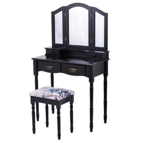 Gymax Vanity Makeup Dressing Table Stool Set w/ Folding Mirror 4 Drawers Black