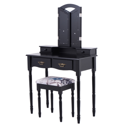 Gymax Vanity Makeup Dressing Table Stool Set w/ Folding Mirror 4 Drawers Black