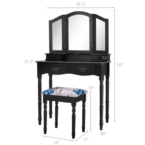 Gymax Vanity Makeup Dressing Table Stool Set w/ Folding Mirror 4 Drawers Black