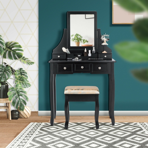 Gymax Vanity Set W/5 Drawers &Removable Box Makeup Dressing Table and Stool Set Black