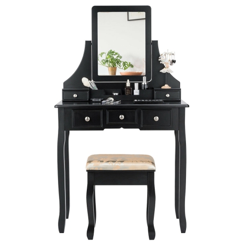 Gymax Vanity Set W/5 Drawers &Removable Box Makeup Dressing Table and Stool Set Black
