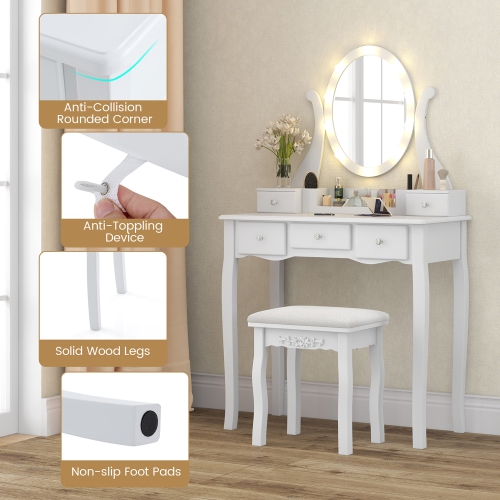 Gymax Vanity Desk Set w/ Lighted Mirror Makeup Table Vanity Dresser w/ 10 LED Light Bulbs White