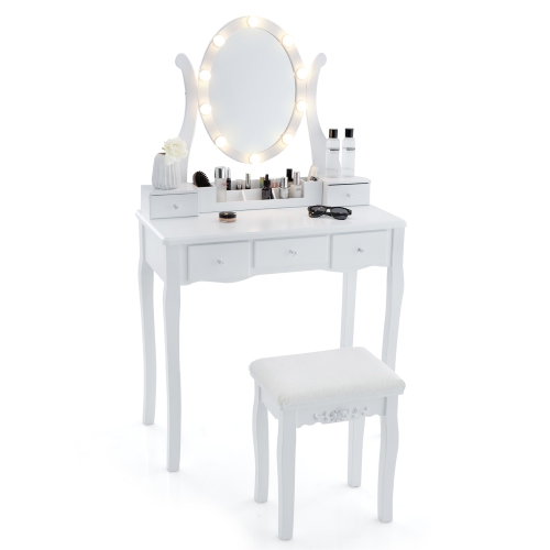 Gymax Vanity Desk Set w/ Lighted Mirror Makeup Table Vanity Dresser w/ 10 LED Light Bulbs White
