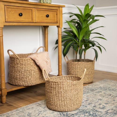 Table ronde en algues et paniers de plancher beige naturel - Ensemble de 3