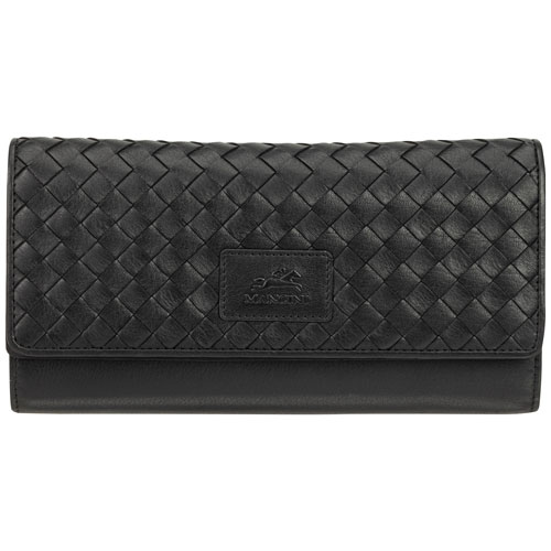 Pochette-portefeuille RFID à trois volets en cuir véritable Motif tressé de Mancini - Noir