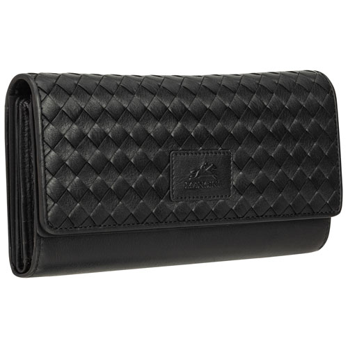 Pochette-portefeuille RFID à trois volets en cuir véritable Motif tressé de Mancini - Noir