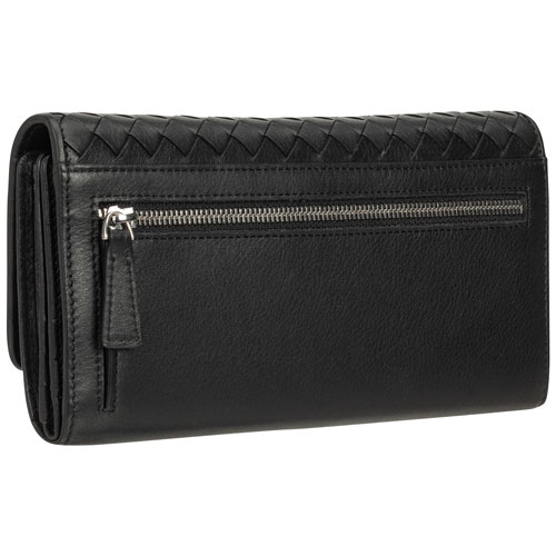 Pochette-portefeuille RFID à trois volets en cuir véritable Motif tressé de Mancini - Noir